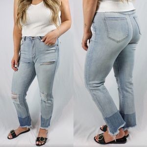 High waist raw hem denim jeans